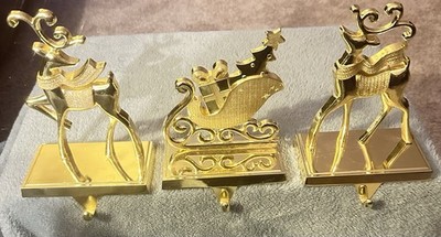 3 Stocking Holders Mantel Christmas Two Reindeer And Sleigh Gold Tone