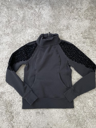 Lululemon Floral Flock Pullover Womens 6 Black Funnel Neck Sweatshirt Back Zip