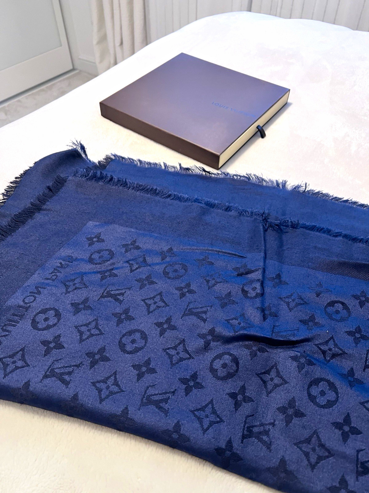 Louis Vuitton Blue Monogram Jacquard Silk Wool Stole/Shawl Scarf w/ Fringe