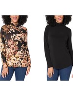 Susan Graver Women's 2pk Print & Solid Turtleneck Tops Neutral/Black