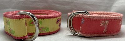 DouglasPaquette Canvas Belts Pink Yellow PalmTrees FlipFlops D-Ring M L Set of 2