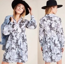 Anthropologie Lavinia Shirt Dress Black White Floral Embroidered Size US 2