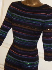 Phase Eight black sparkly stripe sequin stretch Xmas party jumper dress 10 Jesse