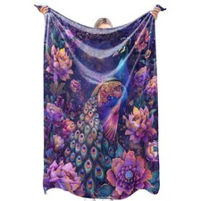 Mystical Peacock Flannel Blanket Colorful Purple Floral Fantasy Throw Blanket...