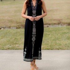 NWOT THML Lined Black Boho Aztec Embroidered Maxi Sleeveless Dress Medium