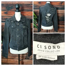CI SONO Jean Jacket M Crop Distressed Studded Black Denim Grunge Biker Pockets 