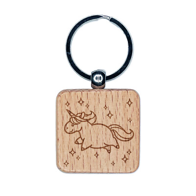 Chubby Unicorn with Stars Engraved Wood Square Keychain Tag Charm