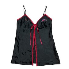 Y2k Victoria  s Secret Babydoll Front Tie Closure Black Satin Red Lace Fairy Lg