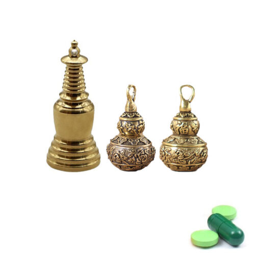 1Pcs Brass Gourd Waterproof Pill Box Bottle Case Pendant Keychain Necklace Sn - Afbeelding 1 van 15