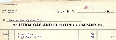 1910 ILION NY UTICA GAS AND ELECTRIC COMPANY REMINGTON CYCLE CLUB