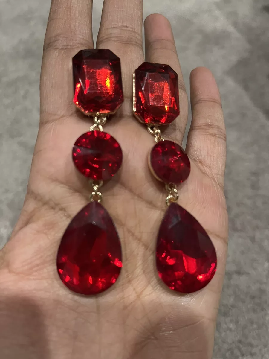 Red Clip On Gold Dangle Rhinestone Prom Long Crystal Pageant Earrings 3