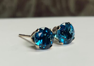 Natural London Blue Topaz 14k Yellow Gold 4 Prong Studs Unisex 3mm 4mm 5mm