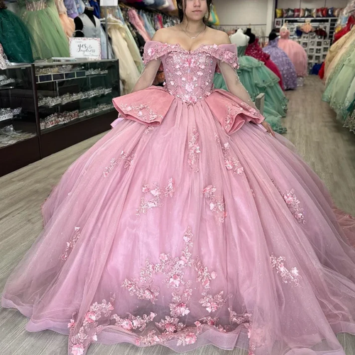 Pink Quinceanera Dresses 3D Flowers Sweet 15 16 Party Off The Shoulder Ball Gown main image 1