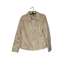 Chico  s Gold Shimmer Moto Asymmetrical Zip Jacket EUC Sz 8 Cotton Jacquard