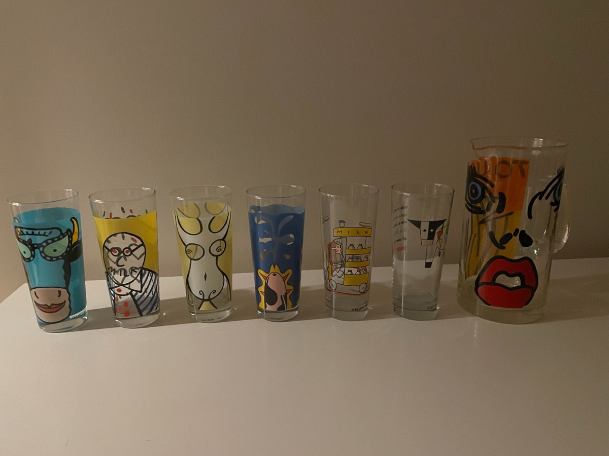 1990s Vintage Ritzenhoff ART Milk Glasses (8 glasses) and Pitcher
