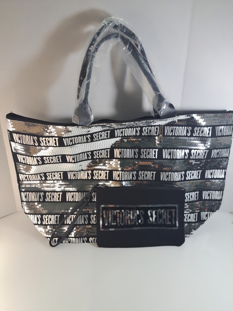 NEW Victoria's Secret Weekender Sequin Bling Tote Bag & Black