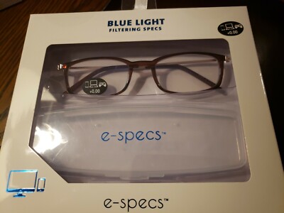 E-Specs slim profile Glasses w/ Case Blue light Filter - Brown Frame +0.00 NIB