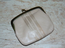 50s Mid Century Light Beige Leather w/ Gold Geometric Accent Kisslock Coin Bag