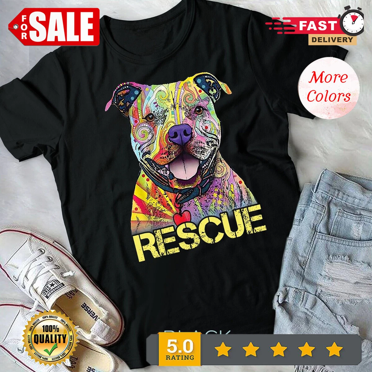 HOT-Rescue Dog Colorfull Pitbull Dog Adopt Don't Shop T-Shirt