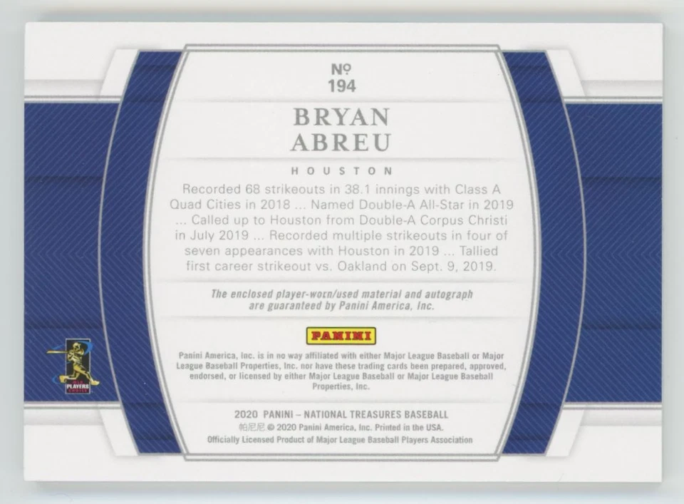 2020 Panini National Treasures Rookie Material Signatures Gold Bryan Abreu RC - Image 2 of 2