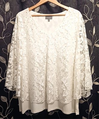 VTG Women's 3X Top White Lace Sequins Essentials Angelic Pullover Never Worn EC