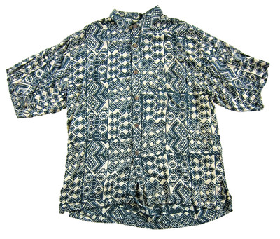 Vintage Noa Noa Rayon Blue Ivory Geometric Short Sleeve Hawaiian Shirt Men XL