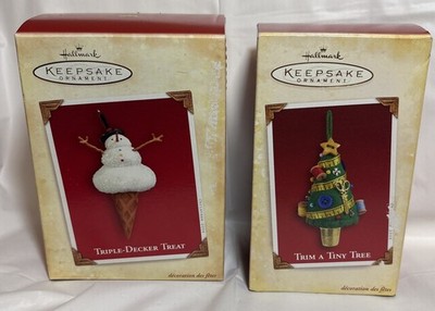 2 Hallmark  TRIPLE-DECKER TREAT Snowman Ice Cream&Sewing Tree 2004/2005 Ornament