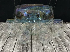 West Virginia Glass Iridescent Drape Loop Optic Punch Bowl Set 6 Glasses EUC