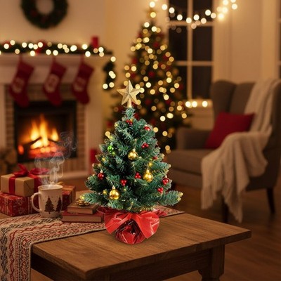 Artificial Christmas Pine Tree 24-Inch with Colorful Ornaments & LED Lights
