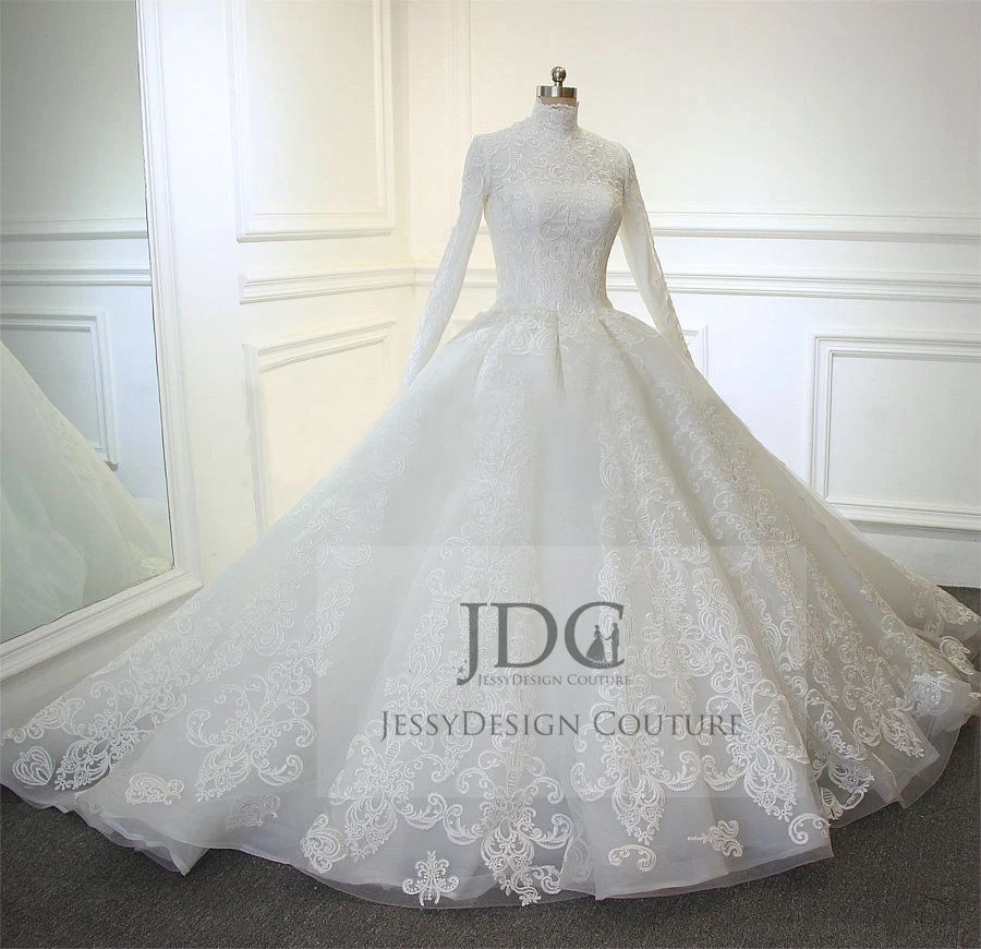 Muslim Spitze Brautkleid Hochzeitskleid Langarm Knöpfe n.Maß Ivory Ballkleid - Bild 2 von 4