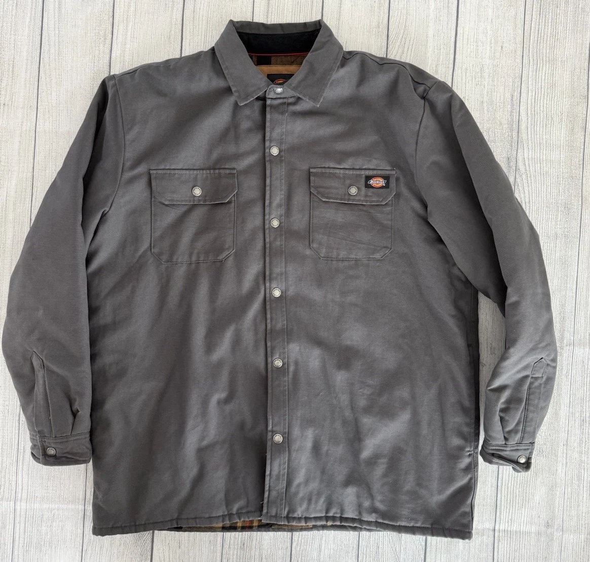Dickies Flannel Lined Canvas Snap Button Jacket Mens XL Dark Gray Workwear EUC