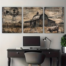 Farmhouse Canvas Wall Art Set of 3, Windmill Barn, Ready to Hang, Made in USA