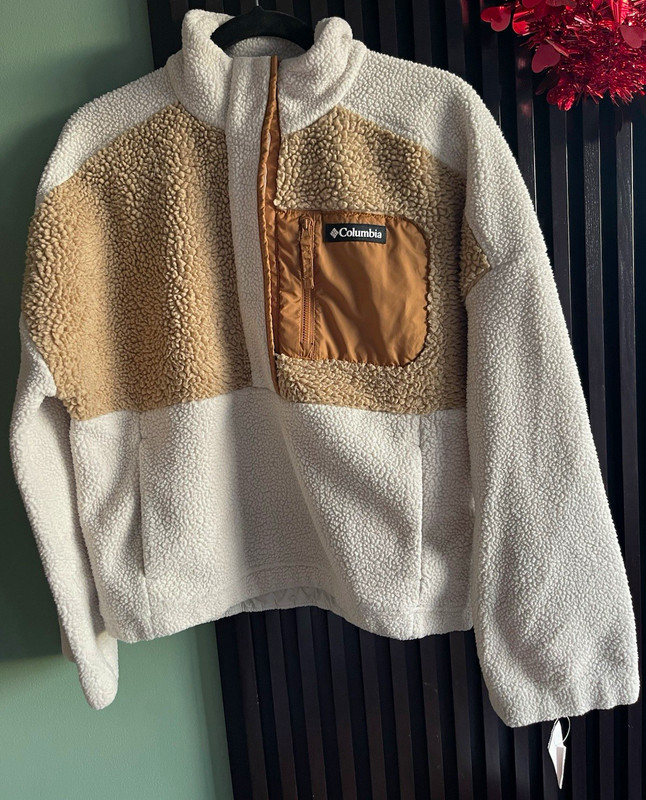 Columbia Women's Colorblock Sherpa Fleece Jacket Full Zip Pockets L Beige/White