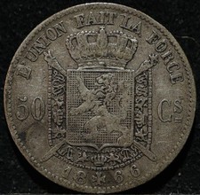 1866 Belgium Belgue 50 Centimos Small Silver Antique Foreign World Coin 