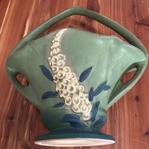 Vintage Roseville Pottery Green Basket  Foxglove 375-12 Vase Excellent c.1942