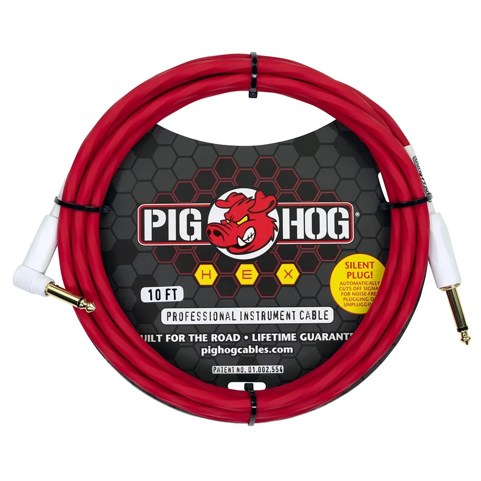 Cable silencioso serie hexagonal Pig Hog de 10 pies rojo caramelo manzana, ángulo recto (par) Foto 2 de 2