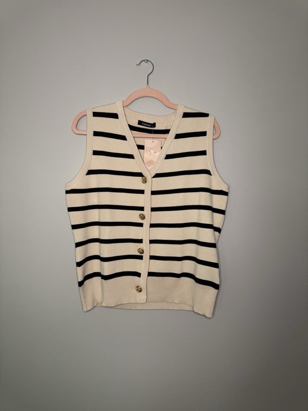 NWT Fashion Beige And Black Striped Sweater Vest With Gold Buttons Size L