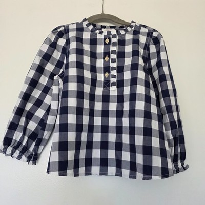 NEW J. Crew Crewcuts Girl's XS Blouse Shirt Navy White Plaid Cotton Long Sleeve