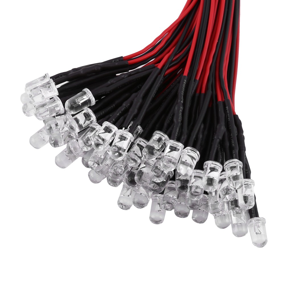 (5)50pcs Pre Wired 12V Water Clear Flash LED Diodes White Red Blue Light 5mm☜