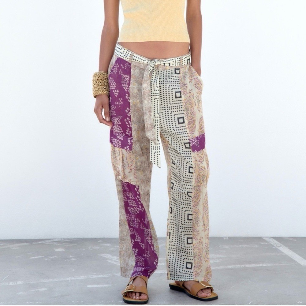 ZARA Patchwork Sheer Lightweight Viscose Cargo Pa… - image 4