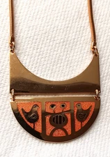 De Passille Sylvestre necklace Two Birds Pendant Goldtone w/ Black Orange Enamel