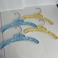 4 Baby World Co Blue Yellow Plastic Child's Hanger Vtg New York 50s 60s Circus