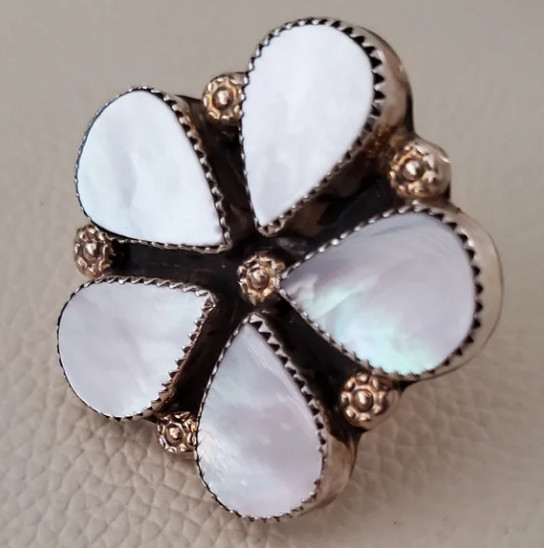 Sterling MOP Five Petal Ring, Native American Mad… - image 2