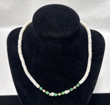 Vintage 16" White Puka Shell  Green Bead w/Rose Bud Necklace Barrel Clasp