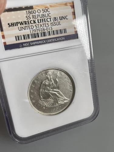 1860 O 50c Seated Liberty Half Dollar 50c LOUISIANA SS Republic Shipwreck B UNC