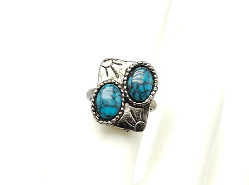 Anello quadrato finto blu turchese sud ovest tono argento vintage anni 70 misura 7,25 - Foto 1 di 4