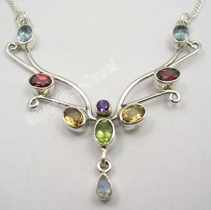 Sterling Silver Multistone Necklace - 17.7 Inch, 10.0 TCW Gemstones, Handmade In India