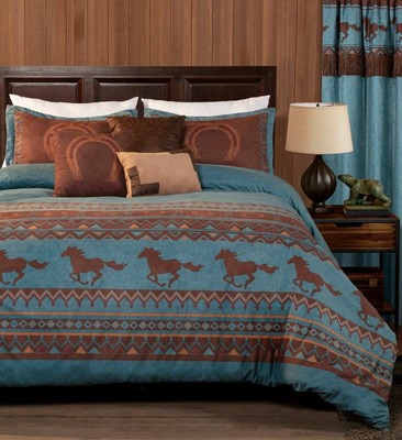 American Western Vintage Turquoise Horses Micro suede Comforter 7 pcs King Set