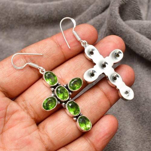 Peridot Earring Gemstone Handmade 925 Sterling Silver Jewelry Earring 1.98" - Picture 4 of 8