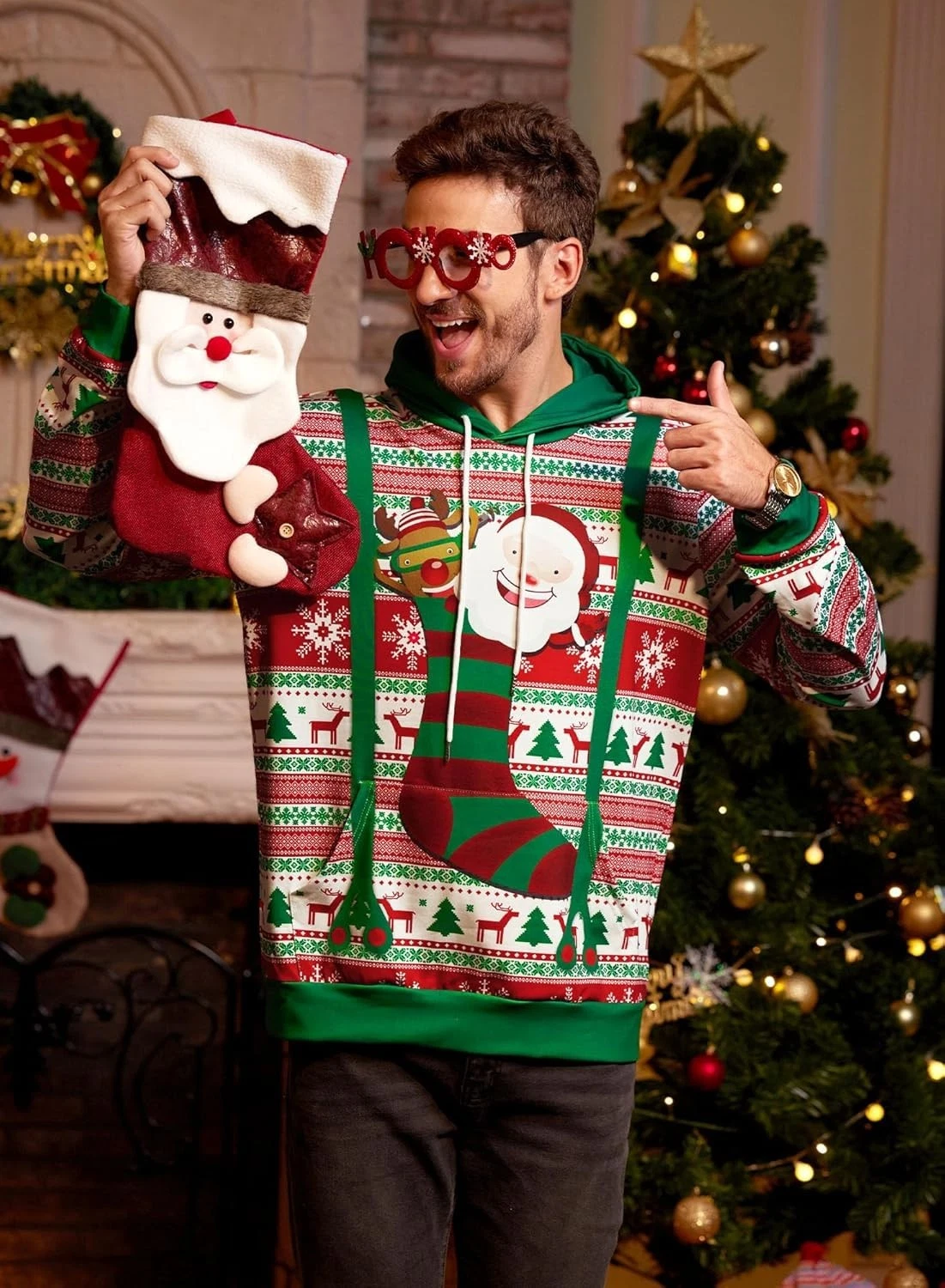 Holiday Knit Hoodie Red White Theme Patterned Hooded Casual Top